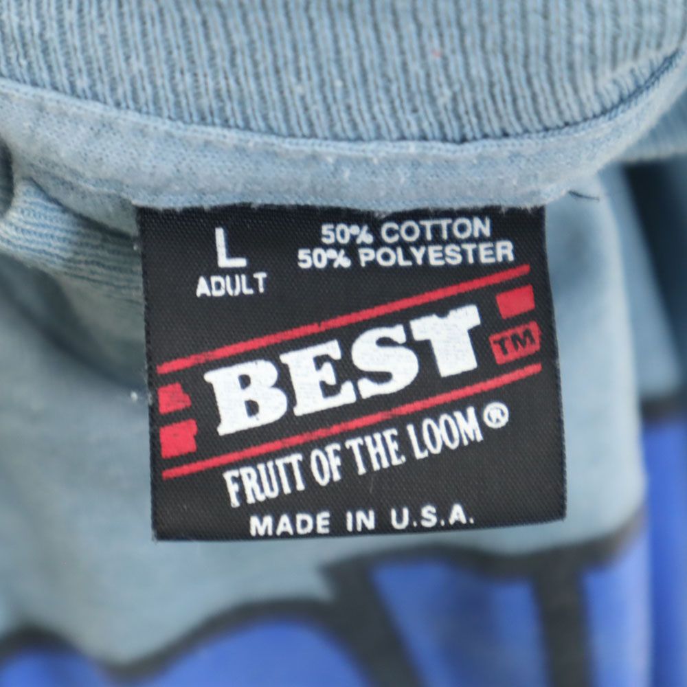 フルーツオブザルーム 90s BEST USA製 オールド プリント 半袖 Tシャツ L ブルー FRUIT OF THE LOOM メンズ