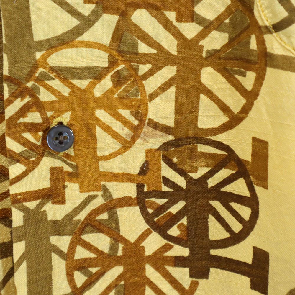 THAI SILK タイシルク 60s 70s シルク100％ ヴィンテージ 総柄 半袖 オープンカラーシャツ M イエロー系 メンズ