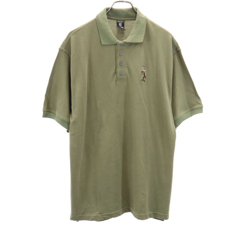 Warner Bros ワーナーブラザーズ 90s オールド 半袖 ポロシャツ M カーキ ルーニーテューンズ ワイリーコヨーテ 鹿の子地 メンズ