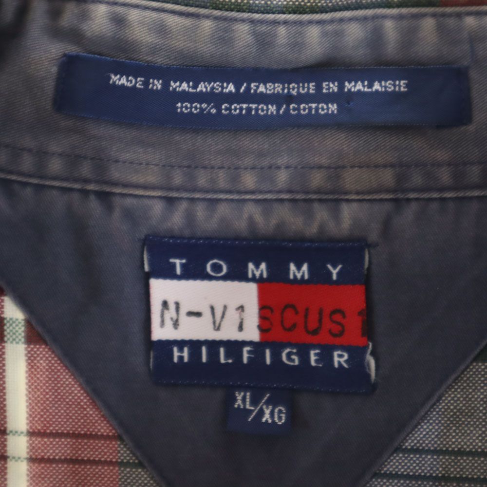 TOMMY HILFIGER トミーヒルフィガー 90s オールド フラッグタグ チェック 半袖 ボタンダウンシャツ XL レッド系 メンズ