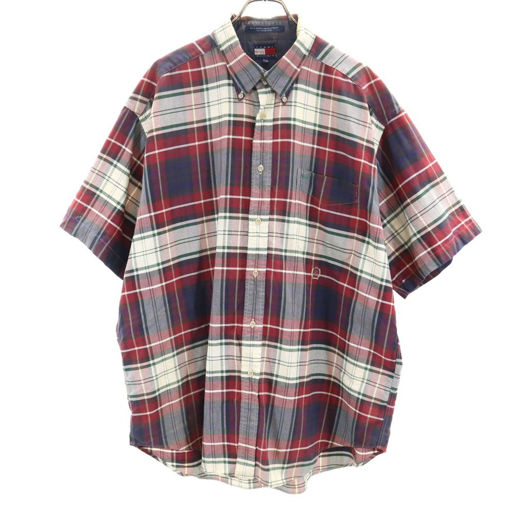 TOMMY HILFIGER トミーヒルフィガー 90s オールド フラッグタグ チェック 半袖 ボタンダウンシャツ XL レッド系 メンズ