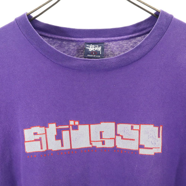 ステューシー 90s USA製 オールド 紺タグ プリント 半袖 Tシャツ L パープル STUSSY メンズ