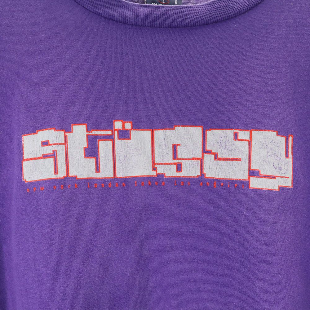 ステューシー 90s USA製 オールド 紺タグ プリント 半袖 Tシャツ L パープル STUSSY メンズ