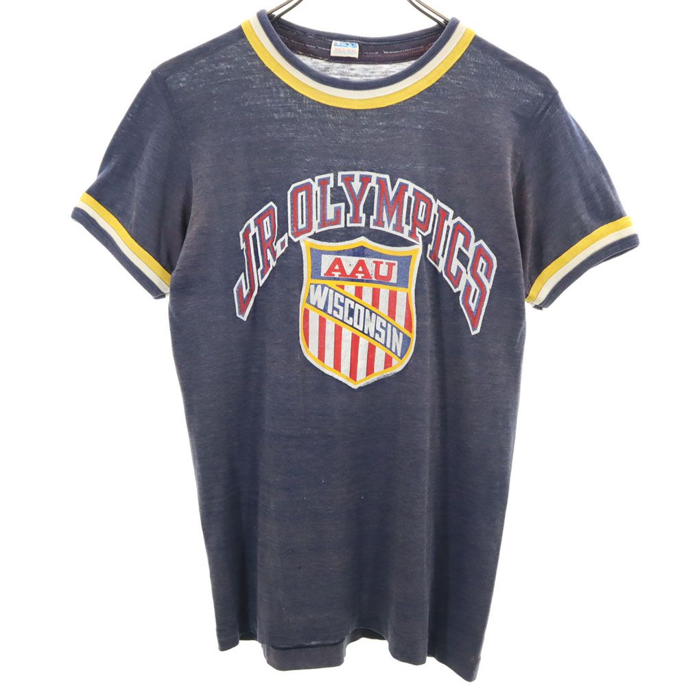 Champion チャンピオン 70s USA製 ヴィンテージ バータグ 半袖 トリム Tシャツ M ネイビー系 レディース