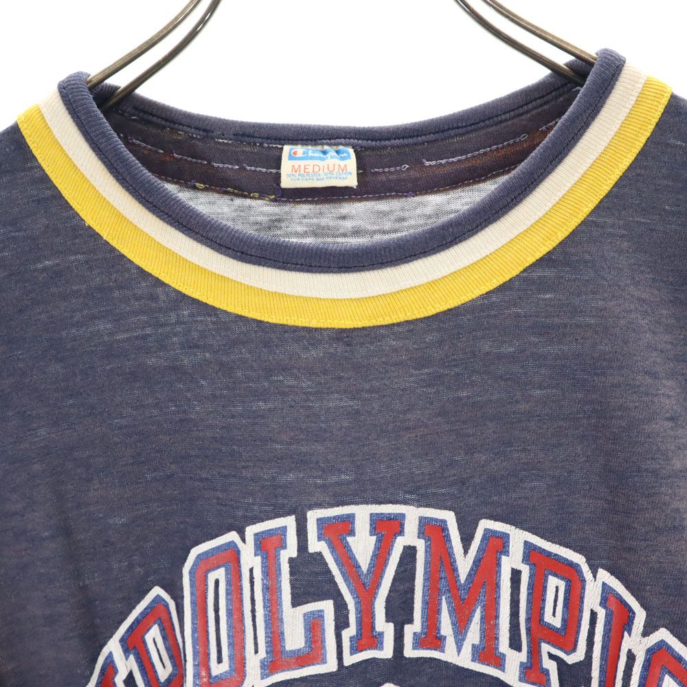 Champion チャンピオン 70s USA製 ヴィンテージ バータグ 半袖 トリム Tシャツ M ネイビー系 レディース