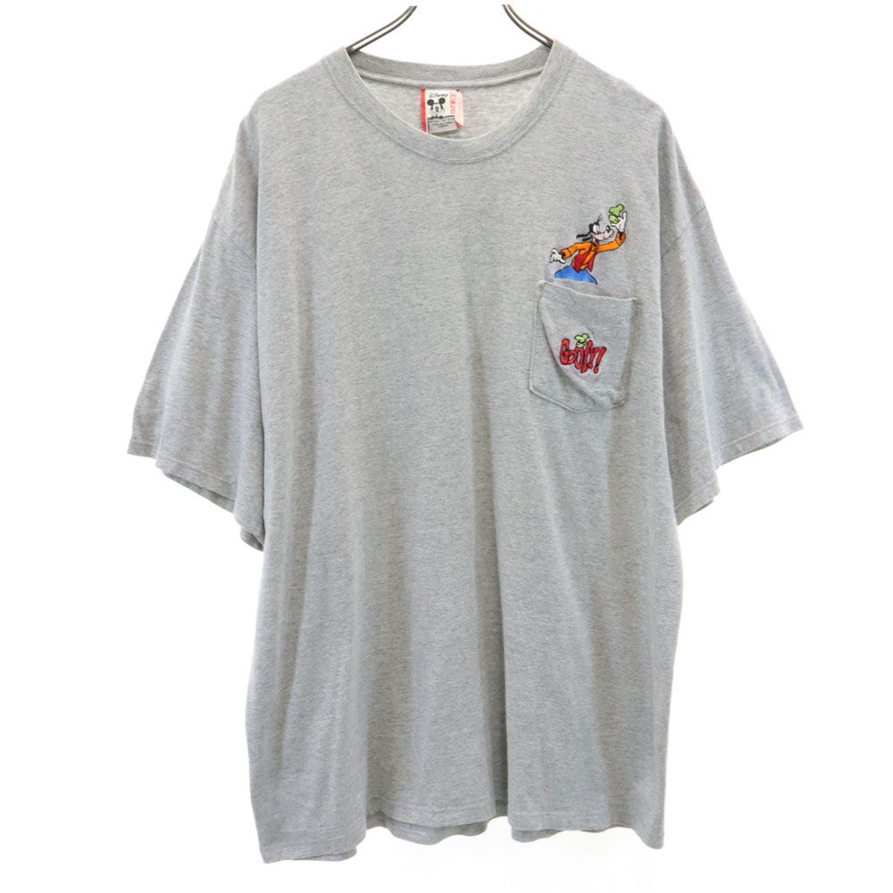 Disney ディズニー 90s USA製 オールド 刺繍 グーフィー 半袖 Tシャツ L/XL グレー ポケT メンズ