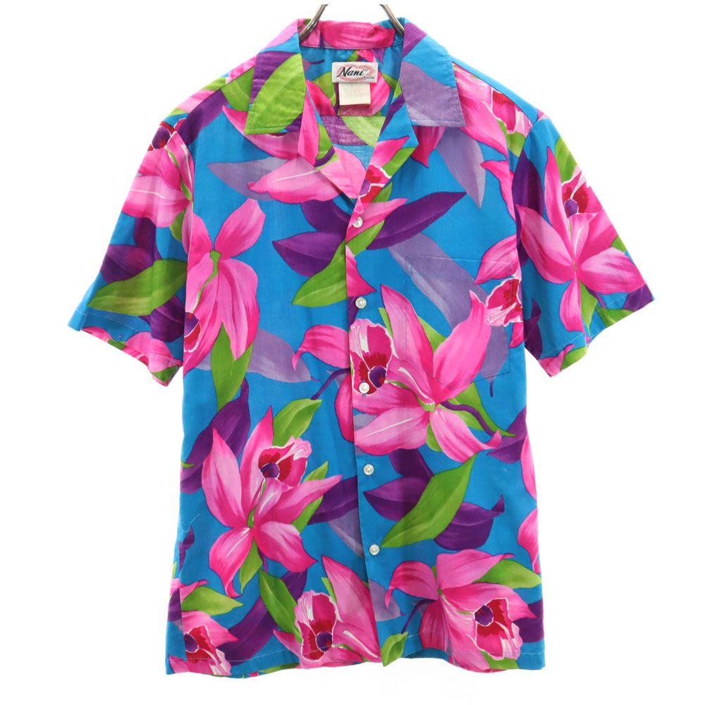 Nani 90s オールド USA製 総柄 半袖 アロハシャツ S ブルー系 メンズ