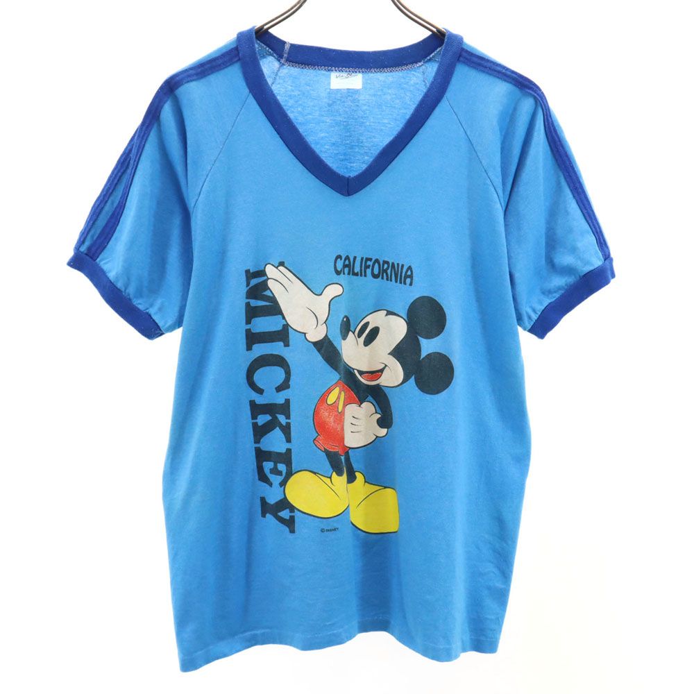 Velva Sheen ベルバシーン 90s USA製 オールド プリント ミッキー 半袖 Vネック リンガー Tシャツ L ブルー メンズ