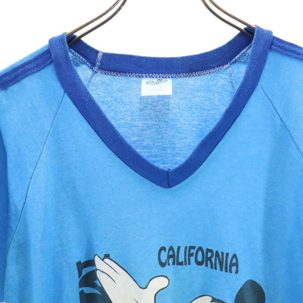 Velva Sheen ベルバシーン 90s USA製 オールド プリント ミッキー 半袖 Vネック リンガー Tシャツ L ブルー メンズ