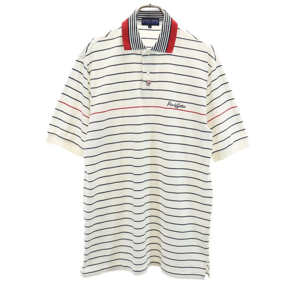 PEARLY GATES パーリーゲイツ 日本製 ボーダー柄 ゴルフ 半袖 ポロシャツ 2 ホワイト系 鹿の子地 メンズ