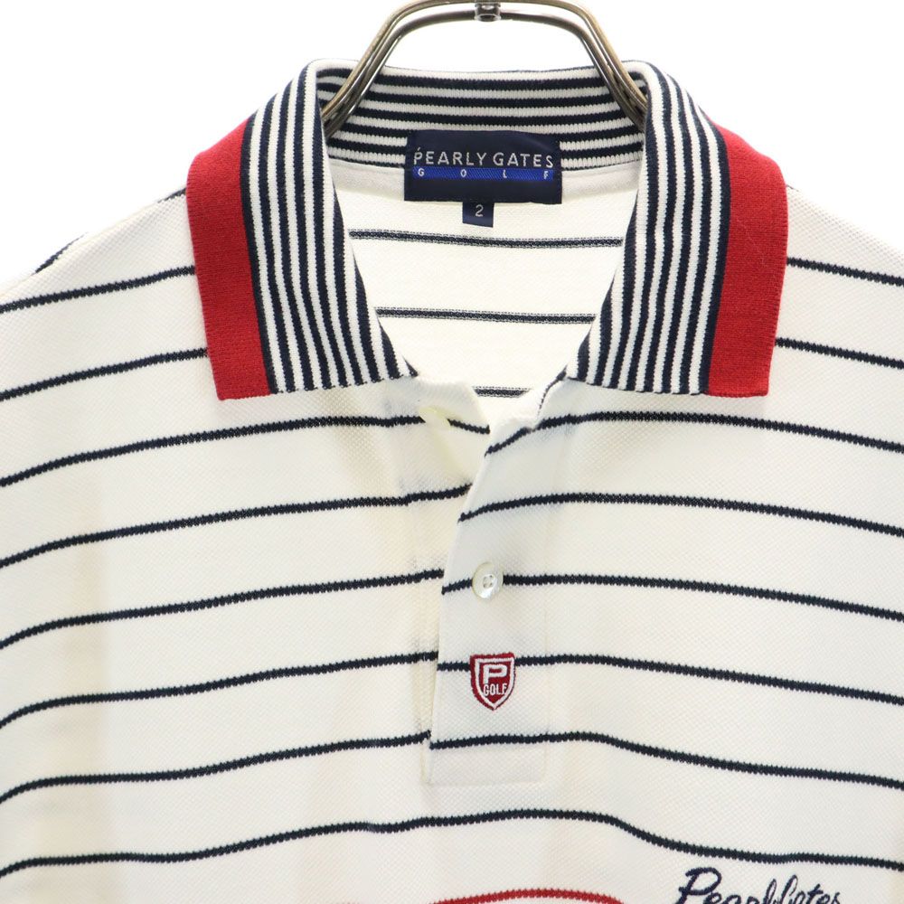 PEARLY GATES パーリーゲイツ 日本製 ボーダー柄 ゴルフ 半袖 ポロシャツ 2 ホワイト系 鹿の子地 メンズ