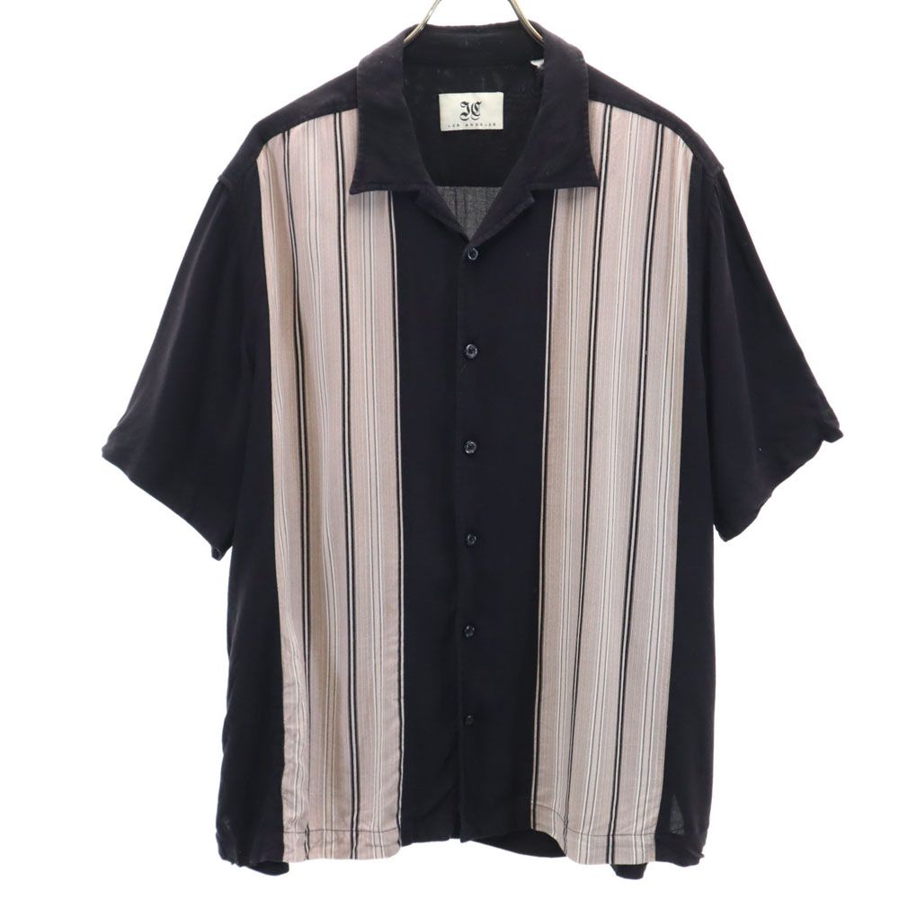 LOS ANGELES ストライプ柄 切替 半袖 オープンカラーシャツ XL ブラック×ベージュ系 LOS ANGELES メンズ