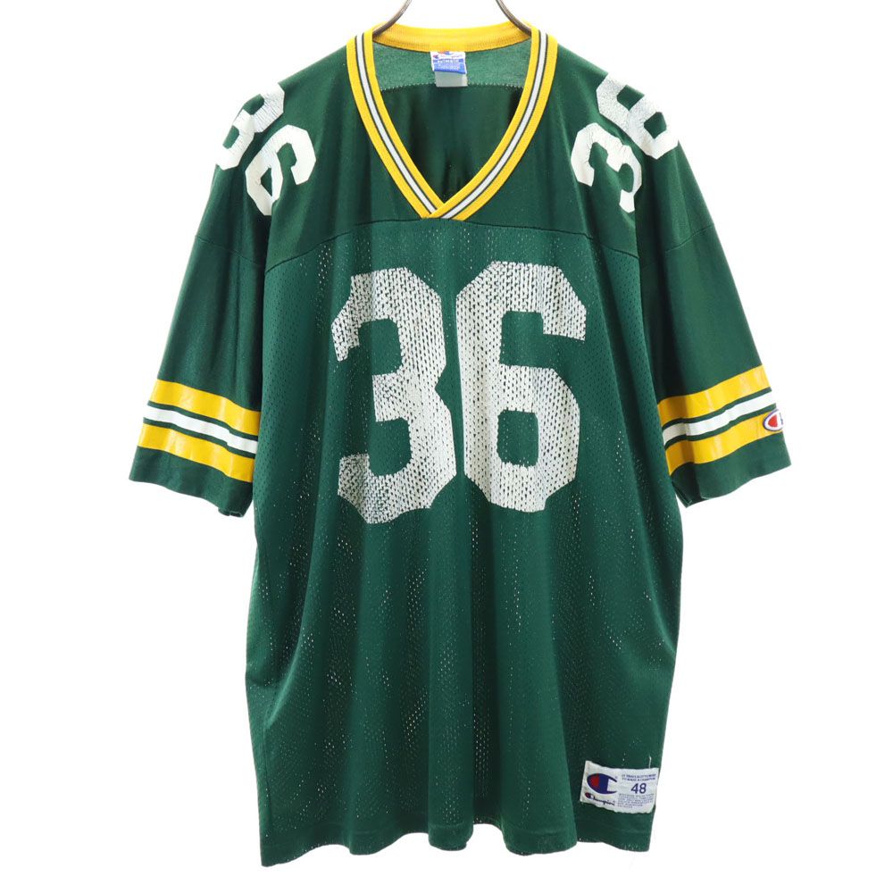 Champion チャンピオン 90s オールド メッシュ プリント 半袖 Vネック Tシャツ 48 グリーン系 メンズ