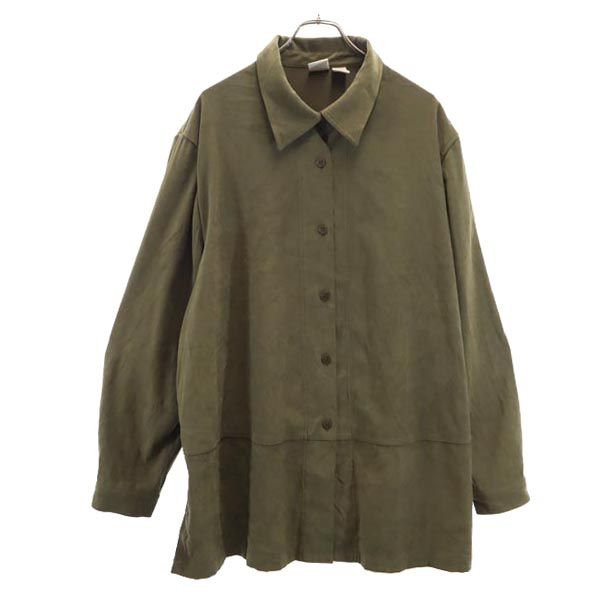 OLD オールド 90s オールド ベロア 長袖 ベロア ロングシャツ 22W カーキ カットソー レディース