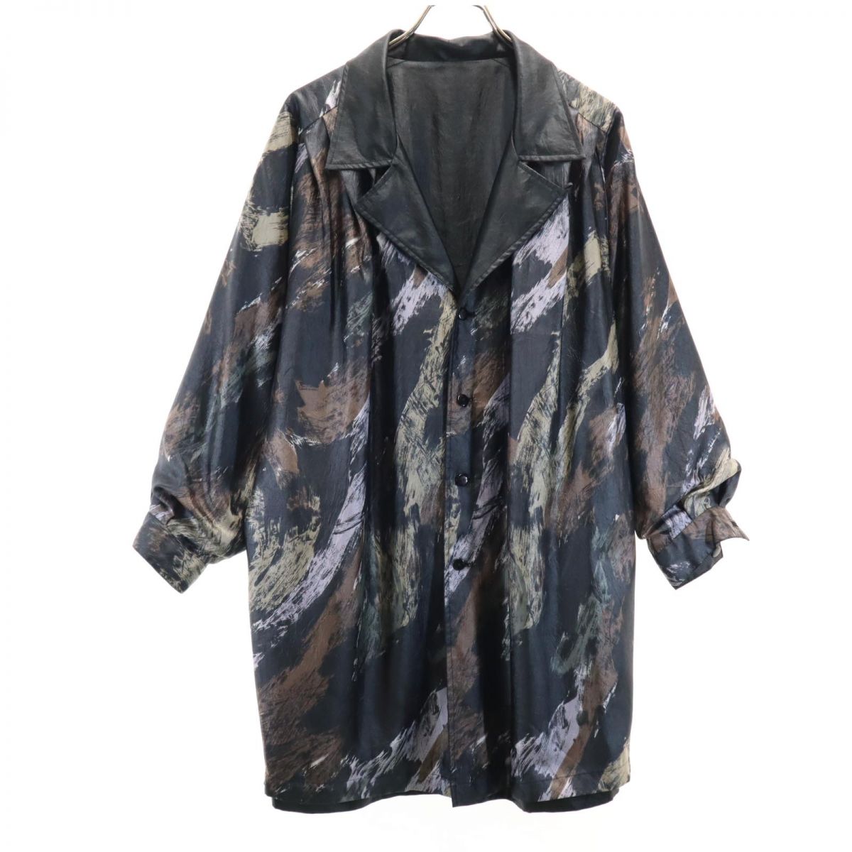 OLD オールド 日本製 デザイン 総柄 リバーシブル 開襟 コート M ブラック系 メンズ