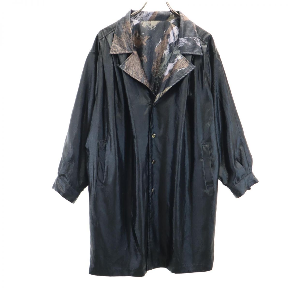 OLD オールド 日本製 デザイン 総柄 リバーシブル 開襟 コート M ブラック系 メンズ