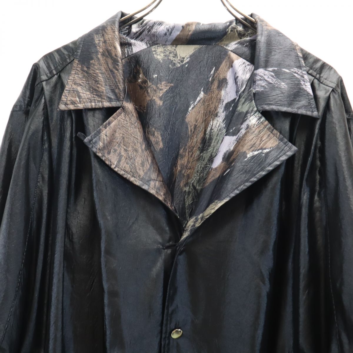 OLD オールド 日本製 デザイン 総柄 リバーシブル 開襟 コート M ブラック系 メンズ
