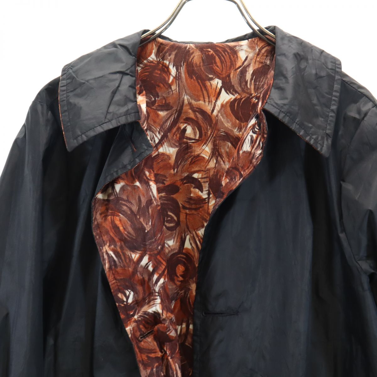 リバーシブル ステンカラーコート ブラック×ブラウン系 総柄 レディース