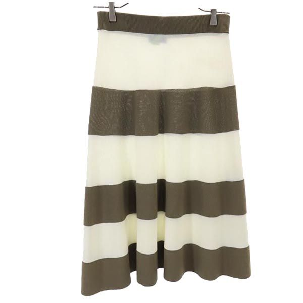 BLUE LABEL CRESTBRIDGE ブルーレーベルクレストブリッジ ボーダー 三陽商会 ミディ丈 スカート 38 ホワイト×カーキ ウエストゴム レディース