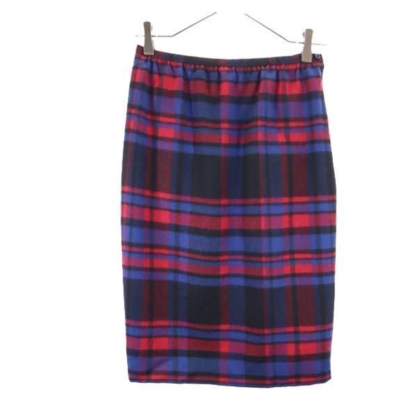 LANVIN ランバン 90s オールド フランス製 ウール100% チェック柄 ミディスカート 38 ネイビー系 サイドジップ レディース