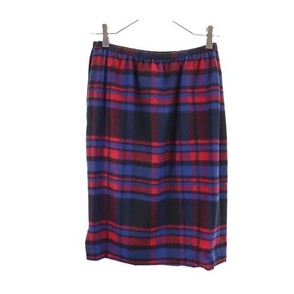 LANVIN ランバン 90s オールド フランス製 ウール100% チェック柄 ミディスカート 38 ネイビー系 サイドジップ レディース