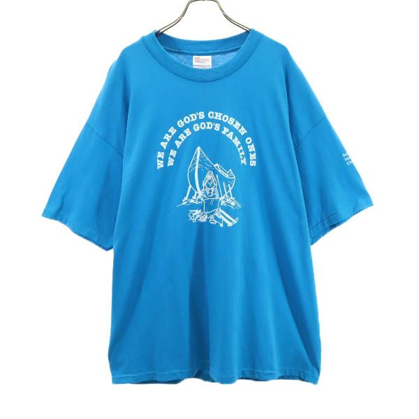 Hanes ヘインズ 90s オールド プリント 半袖 Tシャツ XL 水色 メンズ