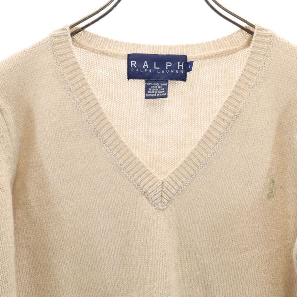 RALPH LAUREN ラルフローレン ワンポイント刺繍 長袖 Vネック セーター S ベージュ系 ニット レディース