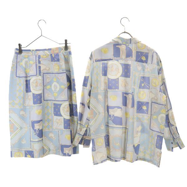 DAKS ダックス シルクブレンド 乗馬柄 長袖 シャツ 上下 セットアップ 9R ブルー系 スカート レディース