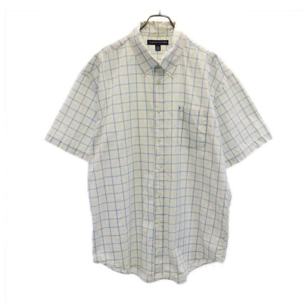 トミーヒルフィガー チェック柄 半袖 ボタンダウンシャツ XL ホワイト×ブルー TOMMY HILFIGER メンズ