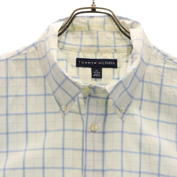 トミーヒルフィガー チェック柄 半袖 ボタンダウンシャツ XL ホワイト×ブルー TOMMY HILFIGER メンズ
