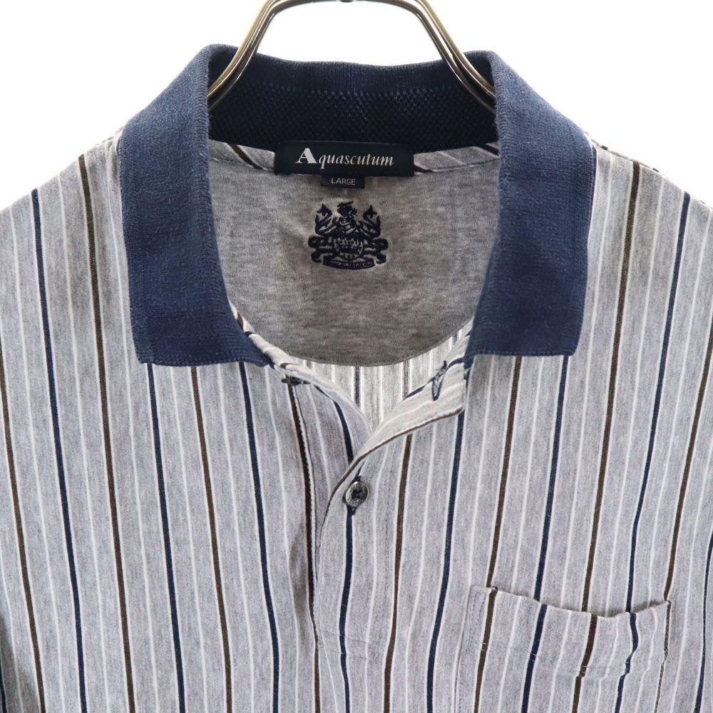 アクアスキュータム 日本製 ストライプ柄 半袖 ポロシャツ L グレー Aquascutum メンズ