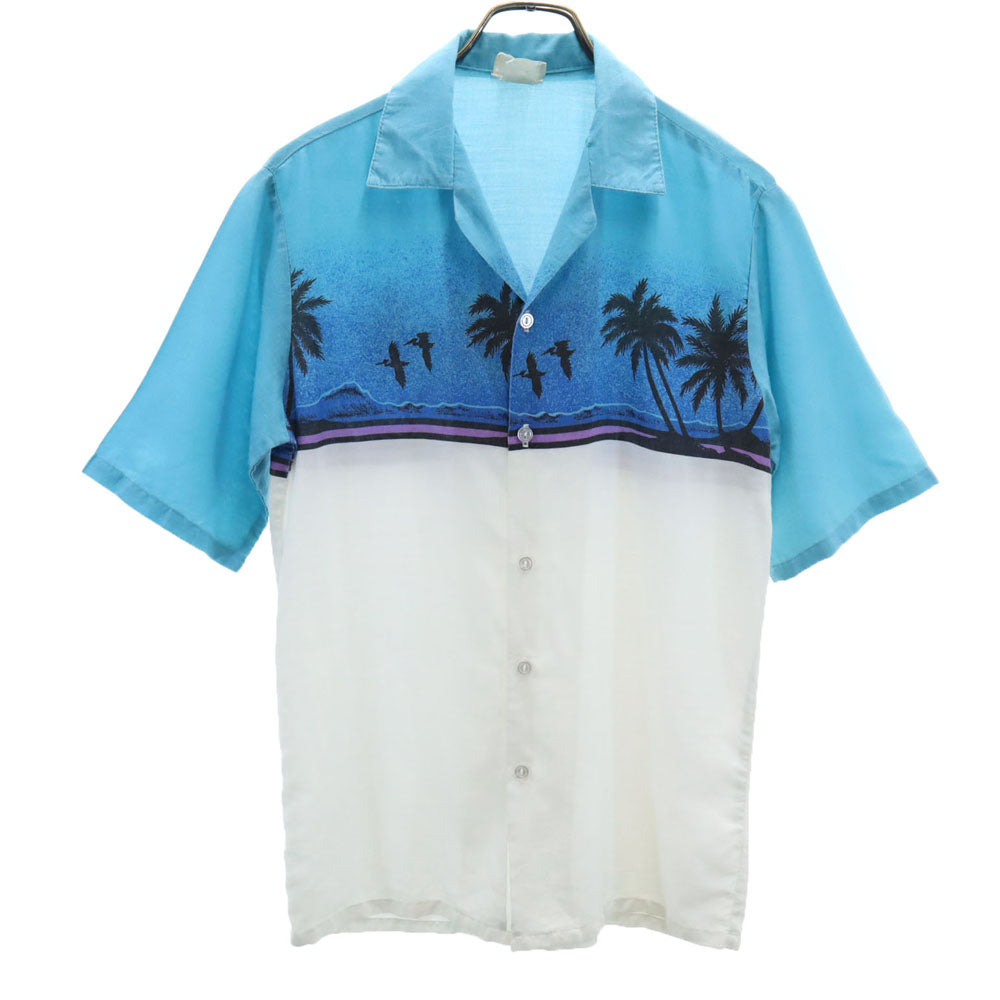 VINTAGE ヴィンテージ 80s 総柄 半袖 オープンカラーシャツ M ブルー系 メンズ