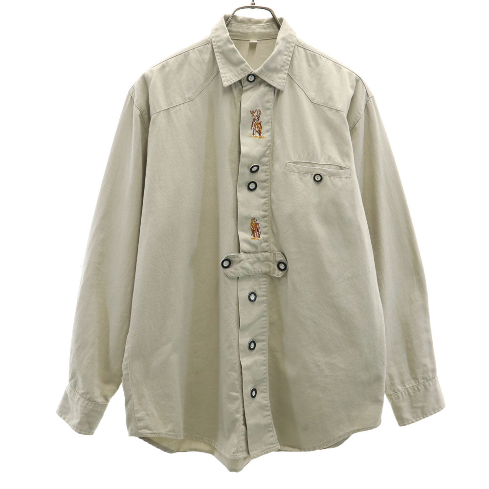 OLD オールド 80s 90s 長袖 コットンシャツ ベージュ 刺繍 メンズ