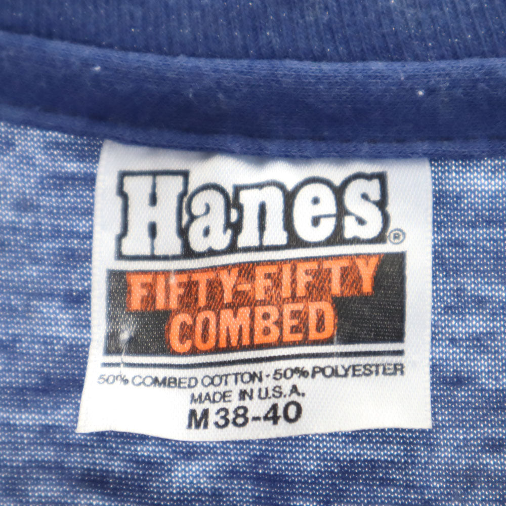 ヘインズ 70s USA製 ヴィンテージ オレンジタグ 両面プリント 半袖 Tシャツ M ブルー Hanes メンズ