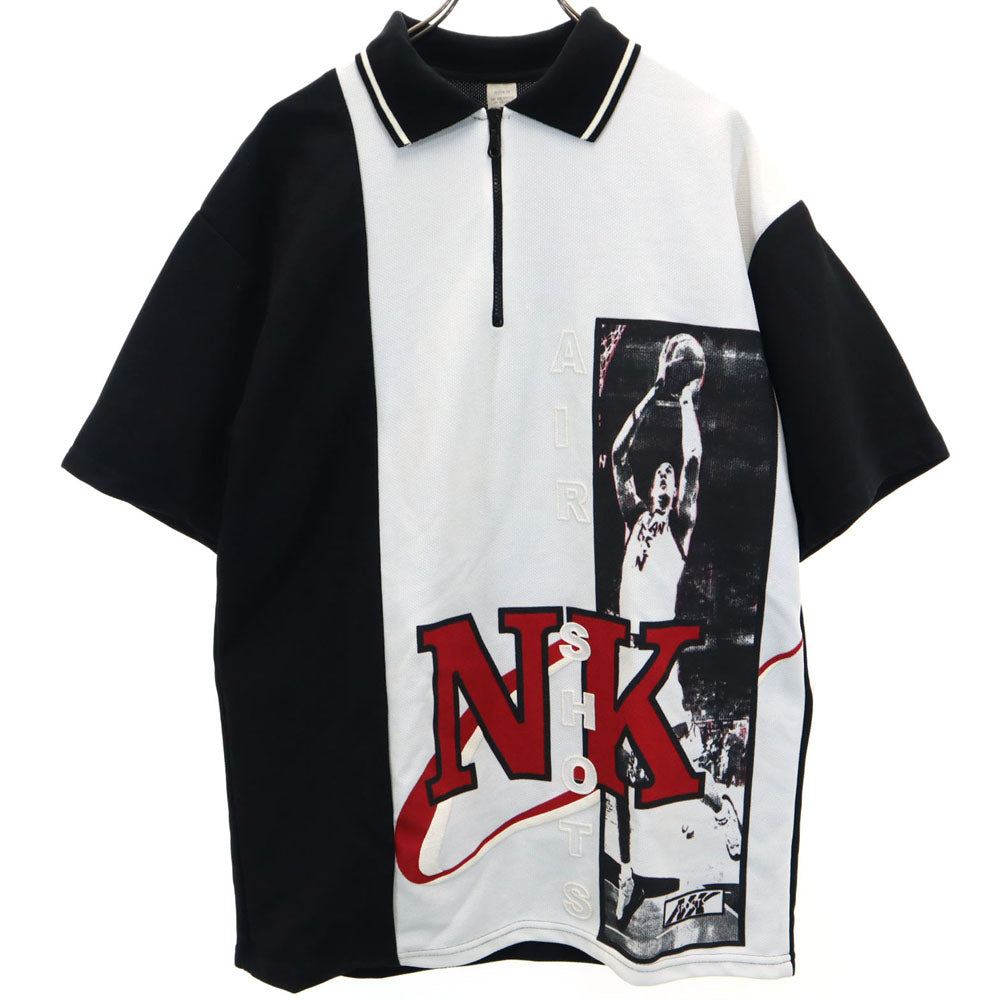 OLD オールド 90s USA製 AIR SHOTS 半袖 ハーフジップ ポロシャツ M ブラック×ホワイト バスケットボール メンズ
