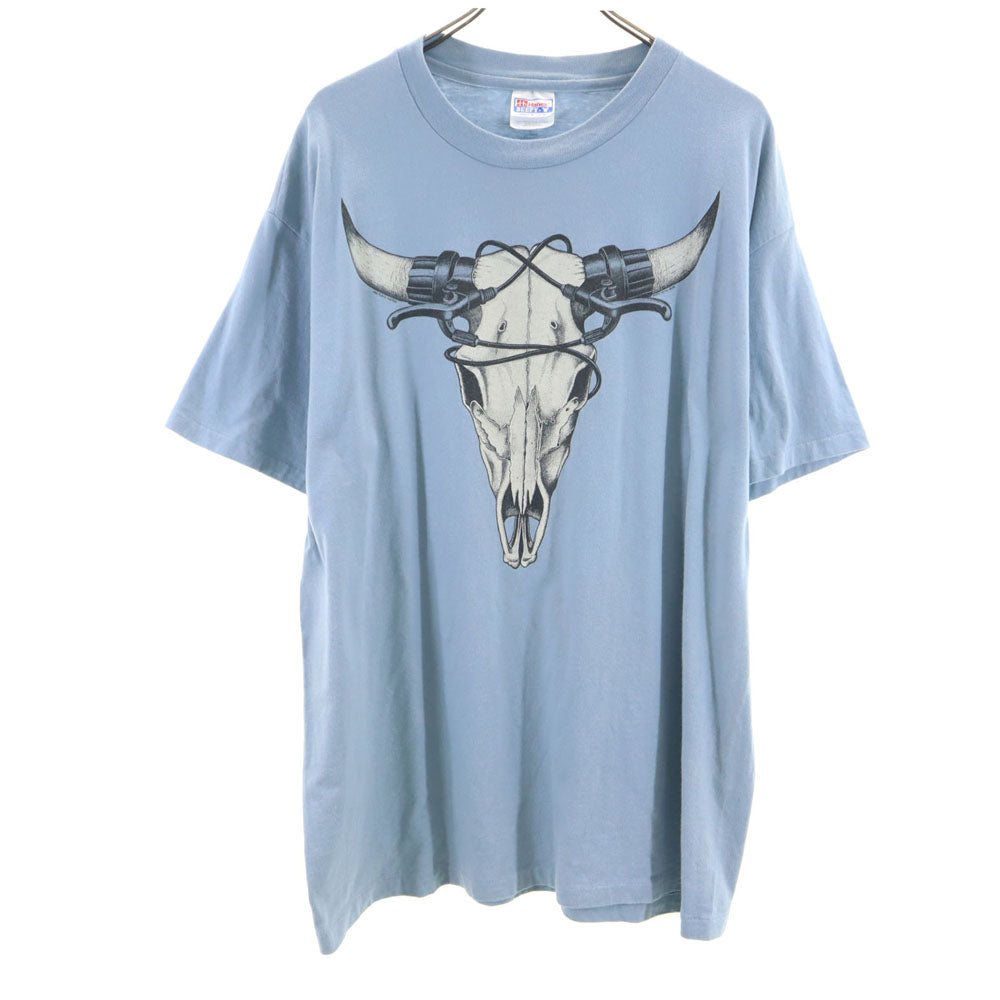 Hanes ヘインズ 90s USA製 オールド プリント 半袖 Tシャツ XL ブルー系 メンズ