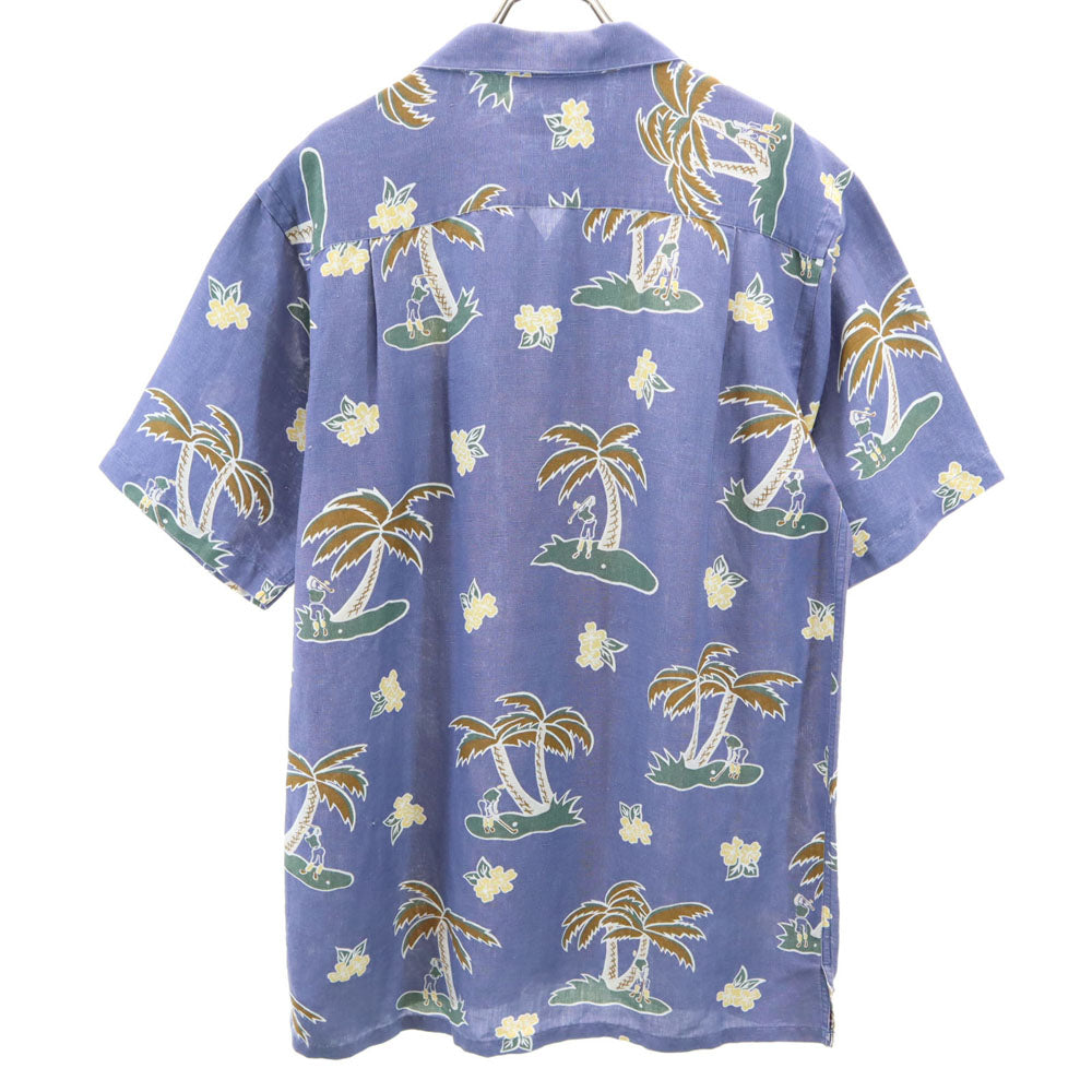 ノーティカ 90s リネンブレンド オールド パームツリー柄 半袖 オープンカラー アロハシャツ S ネイビー系 NAUTICA ゴルフ柄 メンズ