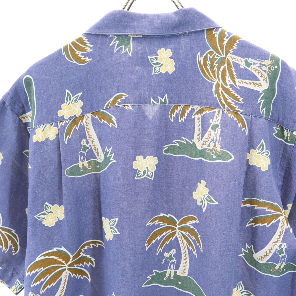 ノーティカ 90s リネンブレンド オールド パームツリー柄 半袖 オープンカラー アロハシャツ S ネイビー系 NAUTICA ゴルフ柄 メンズ