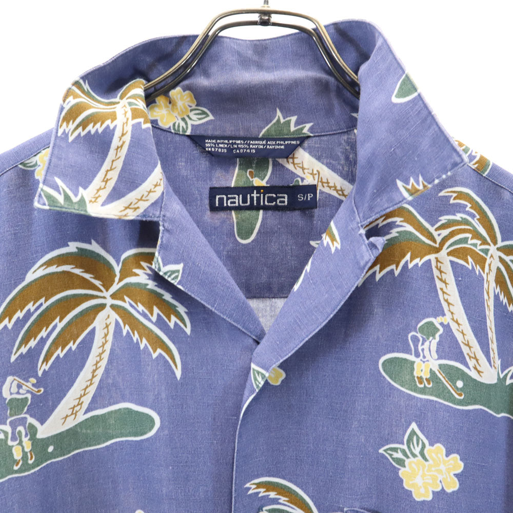 ノーティカ 90s リネンブレンド オールド パームツリー柄 半袖 オープンカラー アロハシャツ S ネイビー系 NAUTICA ゴルフ柄 メンズ
