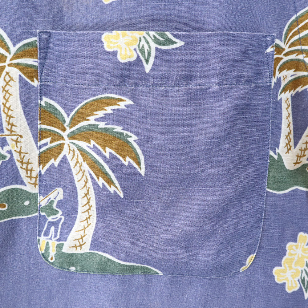 ノーティカ 90s リネンブレンド オールド パームツリー柄 半袖 オープンカラー アロハシャツ S ネイビー系 NAUTICA ゴルフ柄 メンズ