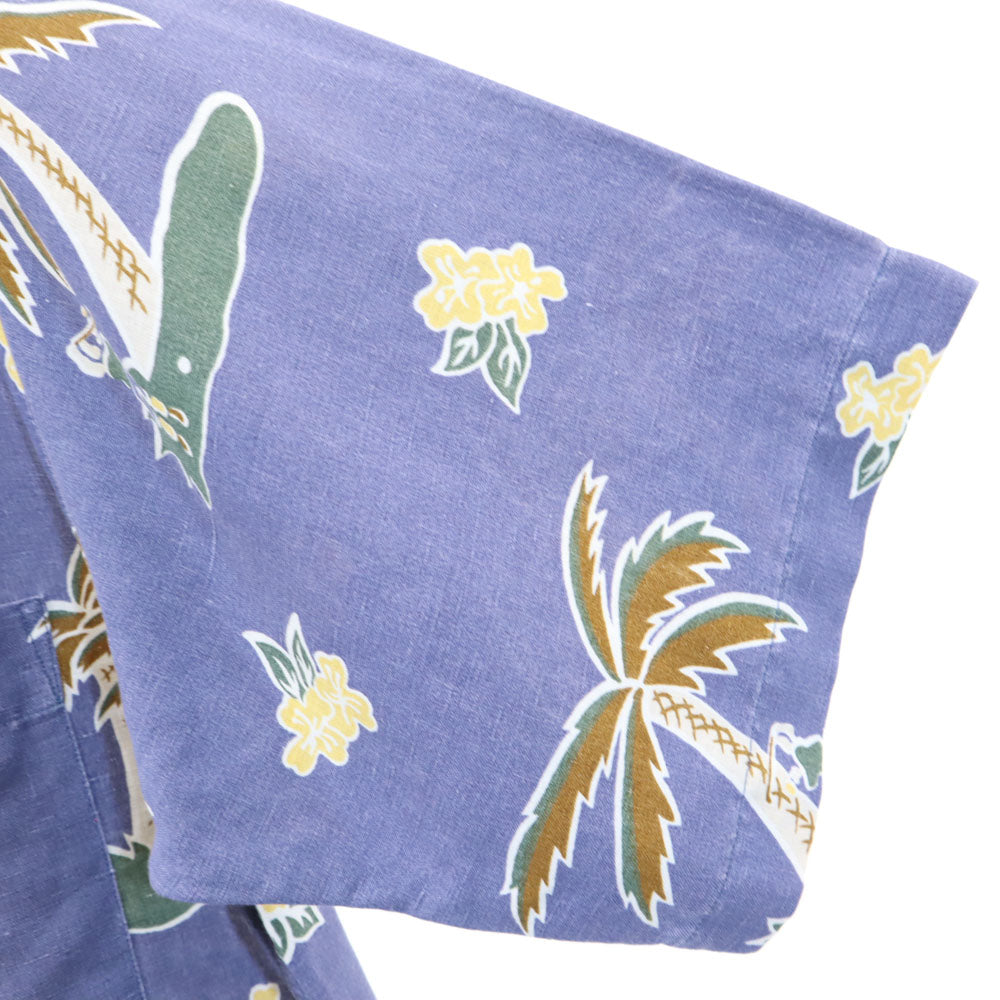 ノーティカ 90s リネンブレンド オールド パームツリー柄 半袖 オープンカラー アロハシャツ S ネイビー系 NAUTICA ゴルフ柄 メンズ