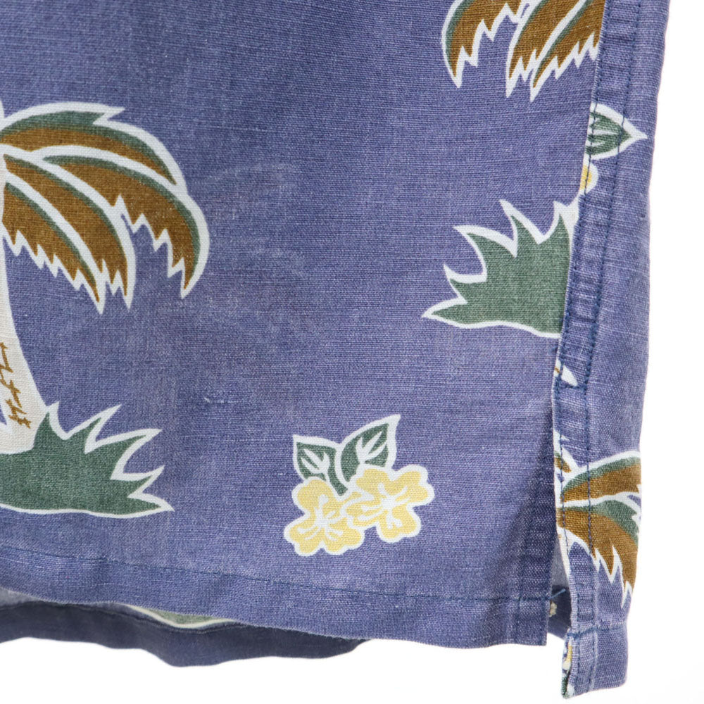 ノーティカ 90s リネンブレンド オールド パームツリー柄 半袖 オープンカラー アロハシャツ S ネイビー系 NAUTICA ゴルフ柄 メンズ