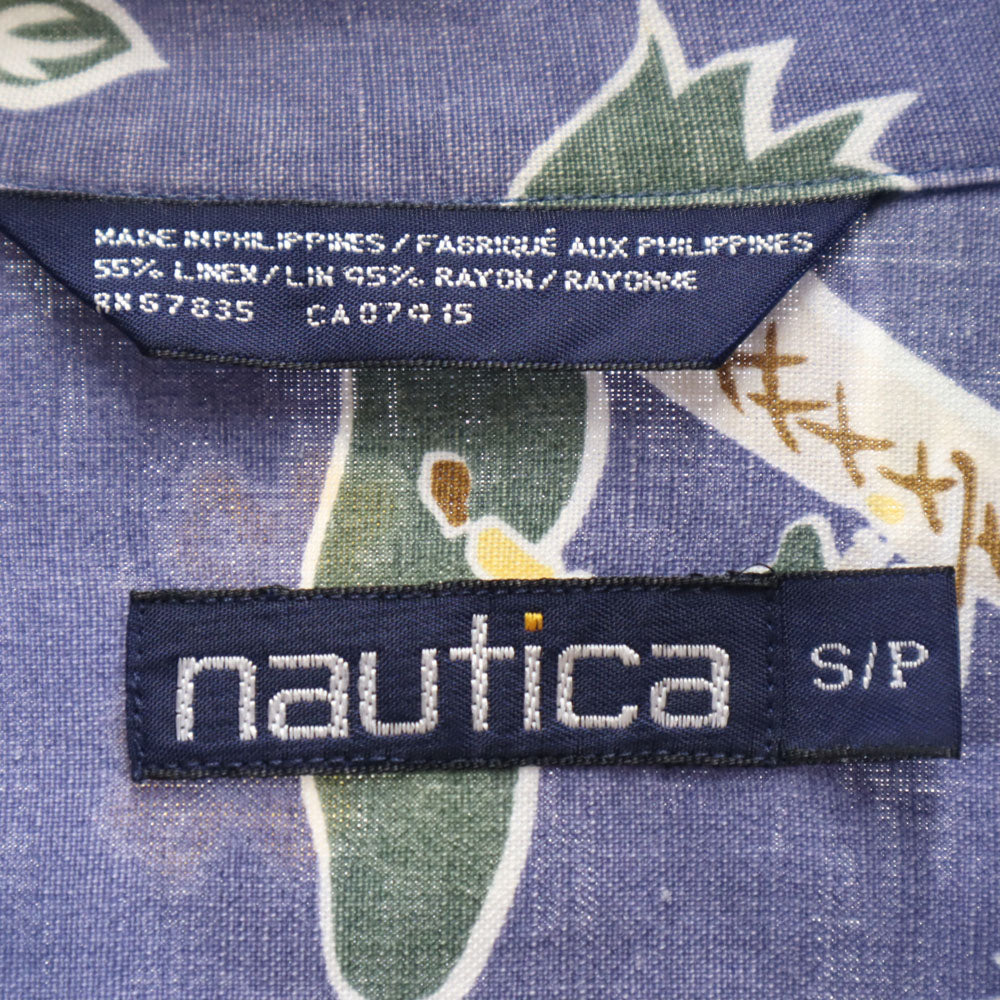ノーティカ 90s リネンブレンド オールド パームツリー柄 半袖 オープンカラー アロハシャツ S ネイビー系 NAUTICA ゴルフ柄 メンズ