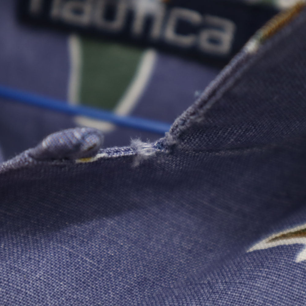 ノーティカ 90s リネンブレンド オールド パームツリー柄 半袖 オープンカラー アロハシャツ S ネイビー系 NAUTICA ゴルフ柄 メンズ