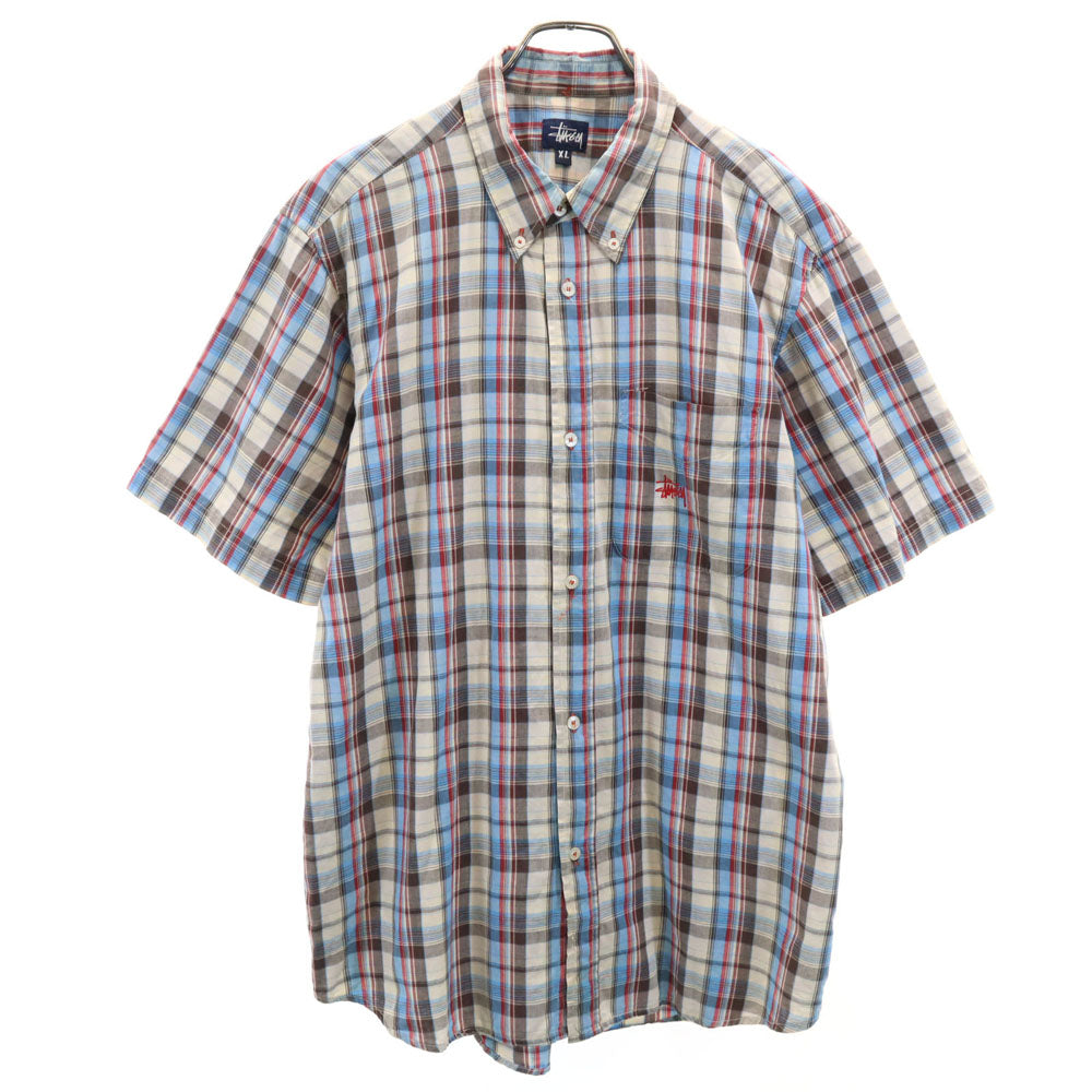 ステューシー 90s USA製 オールド 紺タグ チェック柄 半袖 ボタンダウンシャツ XL STUSSY メンズ
