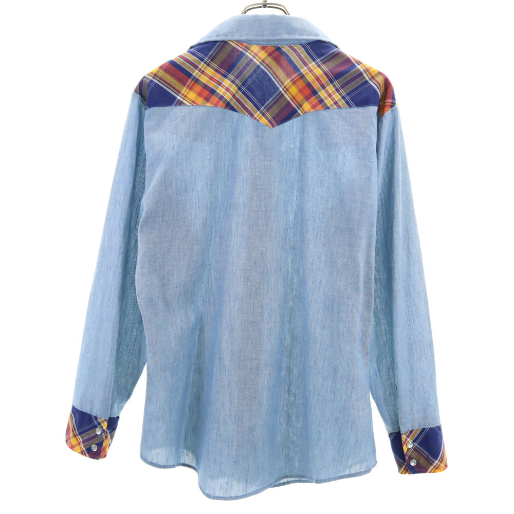 Sears シアーズ 70s ヴィンテージ チェック柄 切替 長袖 ウエスタンシャツ M ブルー系 メンズ