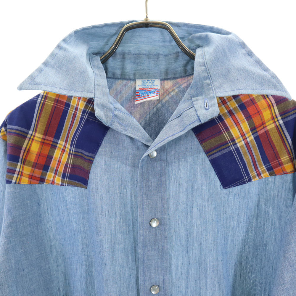 Sears シアーズ 70s ヴィンテージ チェック柄 切替 長袖 ウエスタンシャツ M ブルー系 メンズ