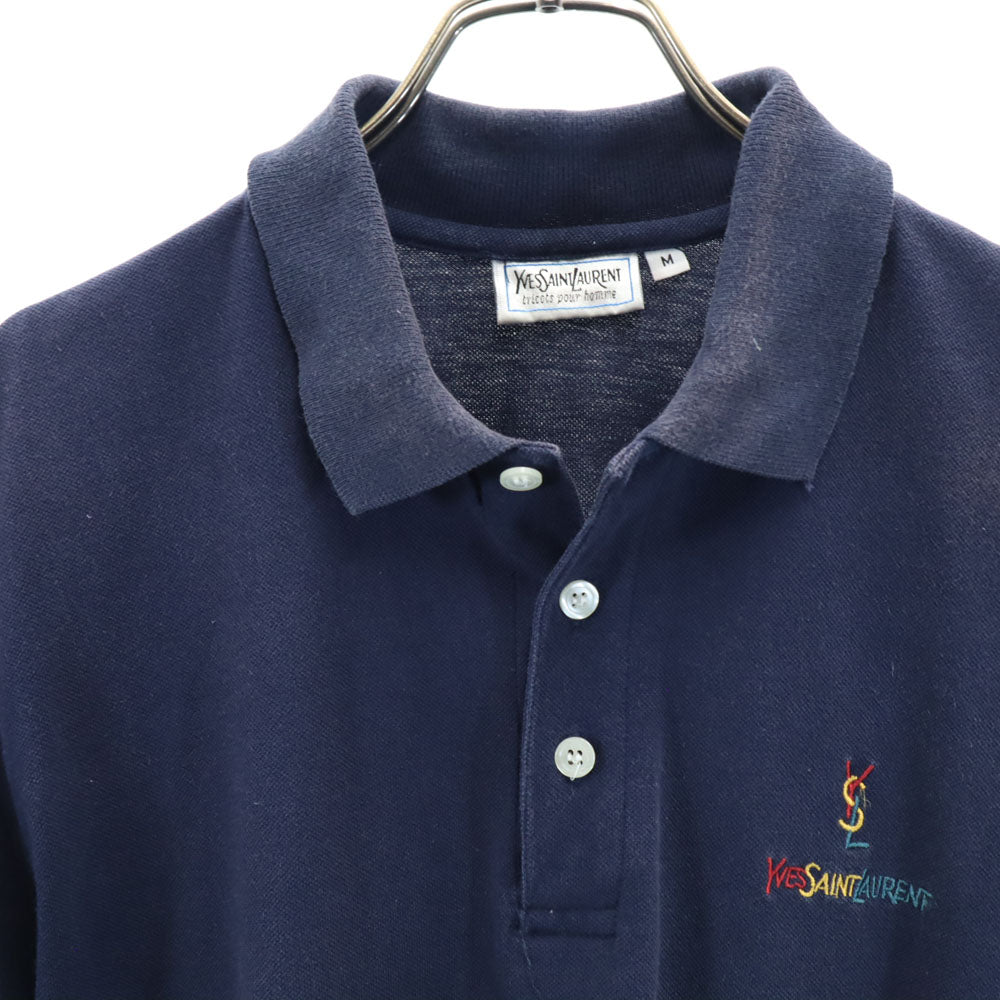 イヴサンローラン イタリア製 半袖 ポロシャツ M ネイビー YVES SAINT LAURENT 鹿の子地 メンズ
