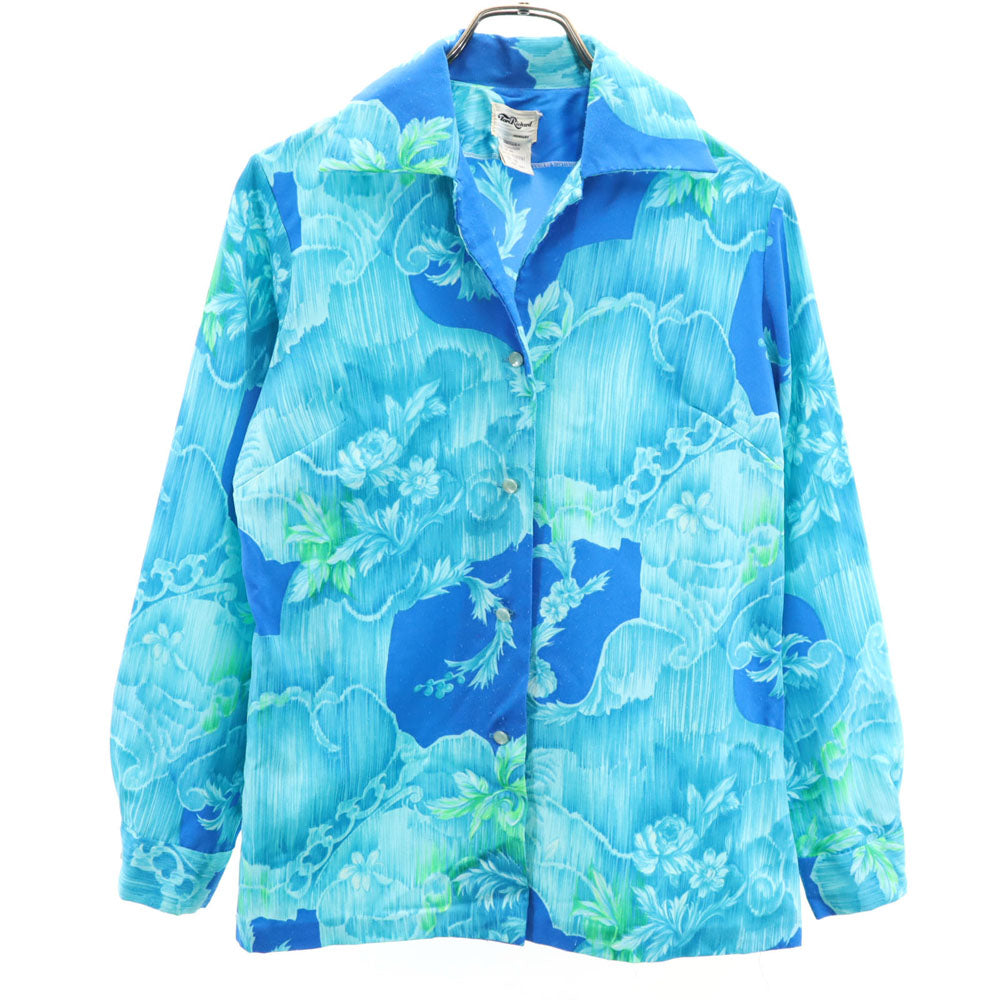 Tori Richard トリリチャード 70s 80s USA製 ヴィンテージ 花柄 長袖 アロハシャツ 10 ブルー レディース