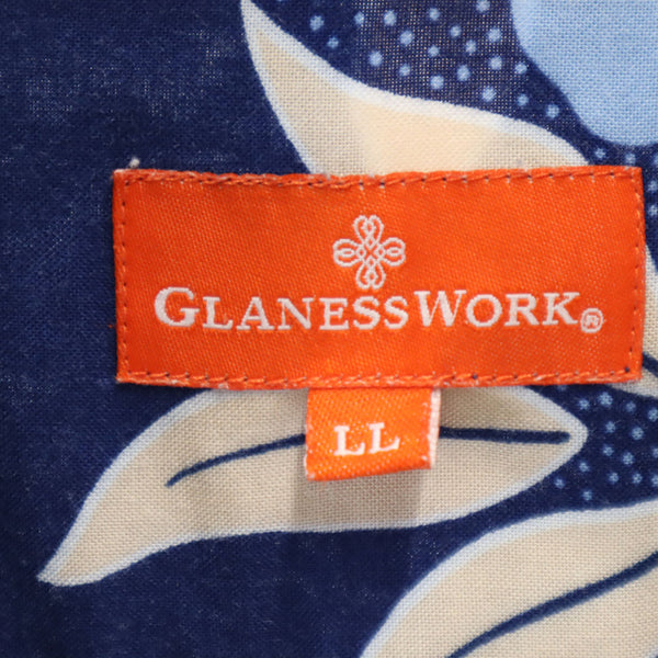 グラネスワーク ハイビスカス 総柄 半袖 アロハシャツ LL ネイビー系 GLANESS WORK メンズ